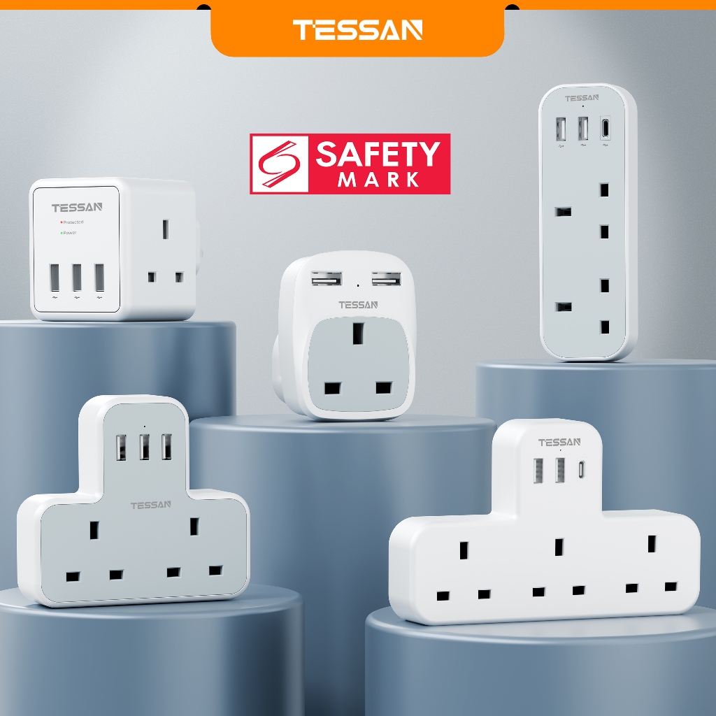 TESSAN Multi Plug Extension Adapter with USB+Type C,Power Extension Socket Adaptor Safety Mark