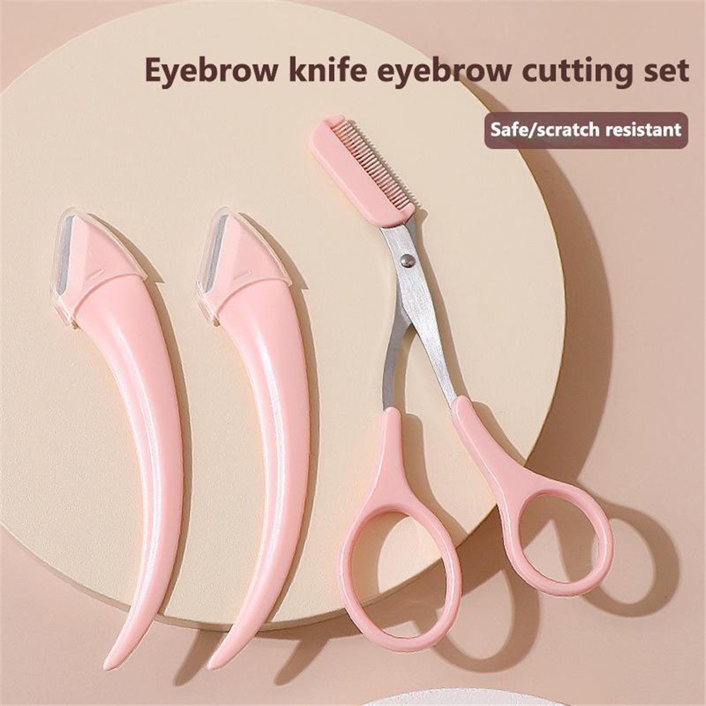 Professional Eyebrow Trimming Kit with Scissors and Razor Blades | Pink and White Grooming Set | Beauty Tools | Onestop Shopping | Ready Stock | 715 Days Delivery