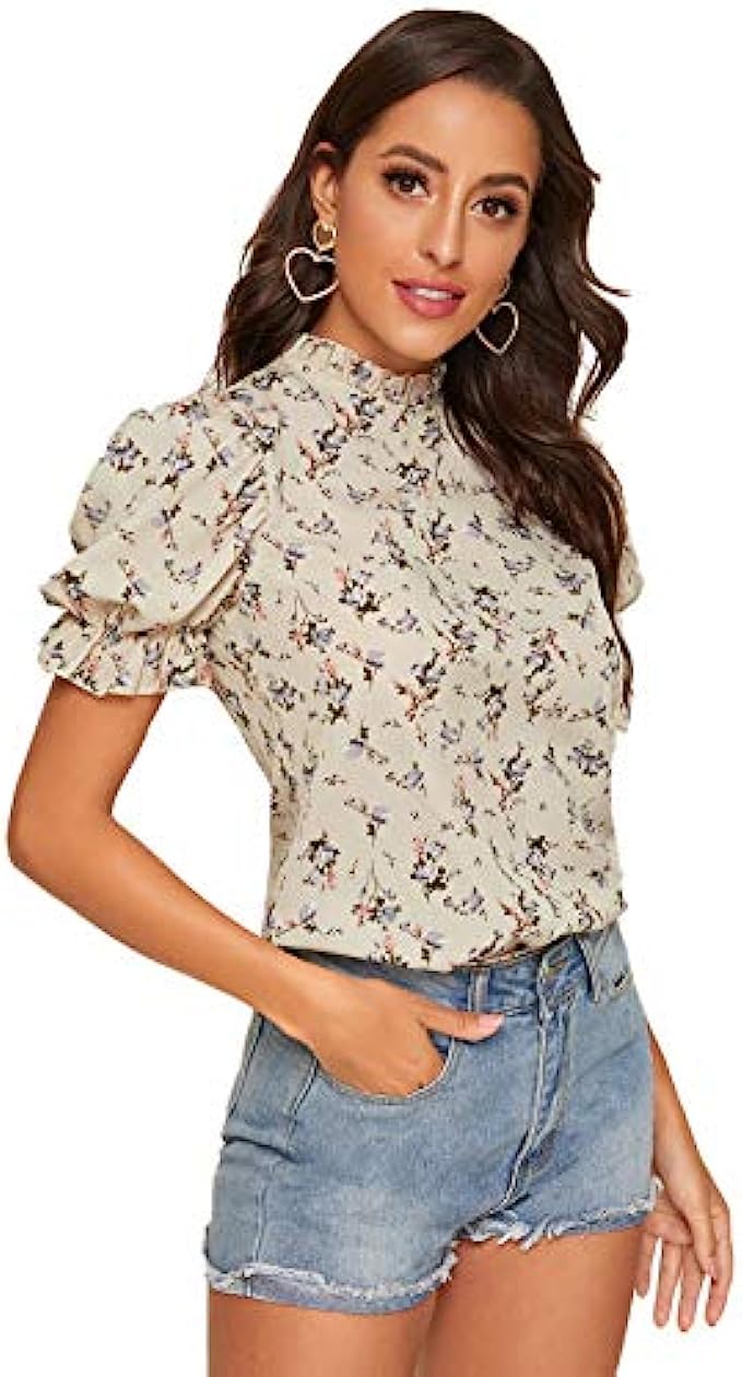 Romwe Women's Floral Print Ruffle Puff Short Sleeve Casual Blouse Tops