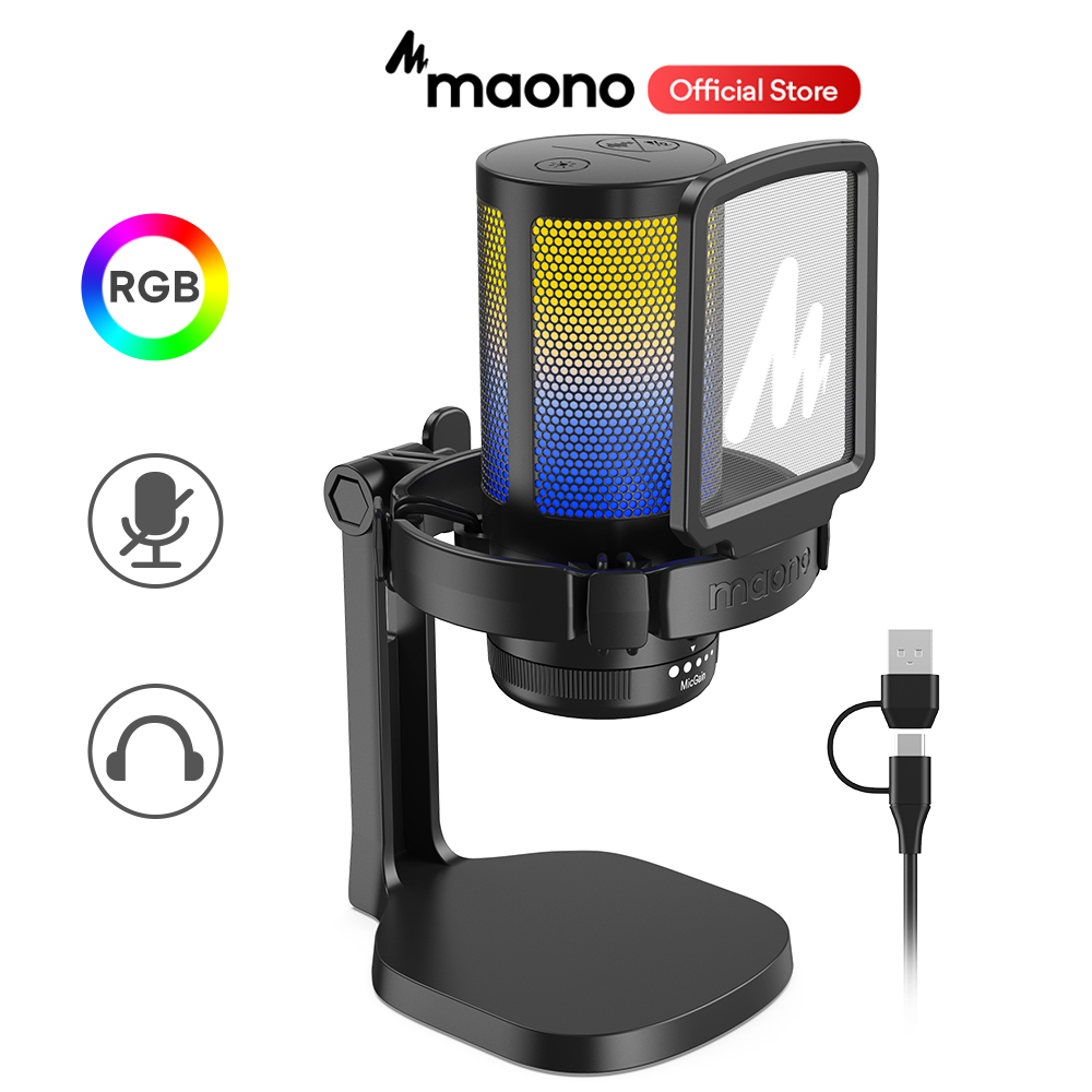 Maono DGM20 RGB condenser recording microphone with gain adjustment and software setting functions is suitable for computers, mobile phones, gaming, live streaming