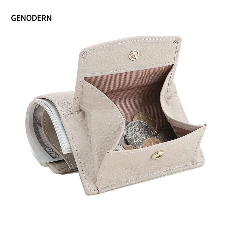 GENODERN RFID Blocking Women's Wallet Genuine Leather Lady Purses Short Japanese-Style Multiple Card Slots Coin Purse Tri-Fold Wallet