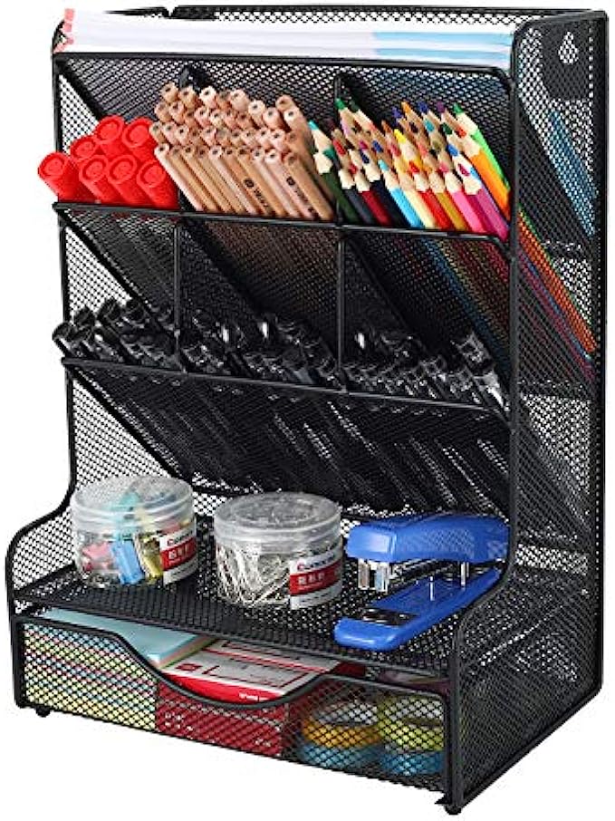 PAG Desk Organizer with Drawer Office Supplies and Accessories Storage Caddy Hanging Wall Shelf Metal Mesh Pencil Holder for Kids, 9 Compartments, Black
